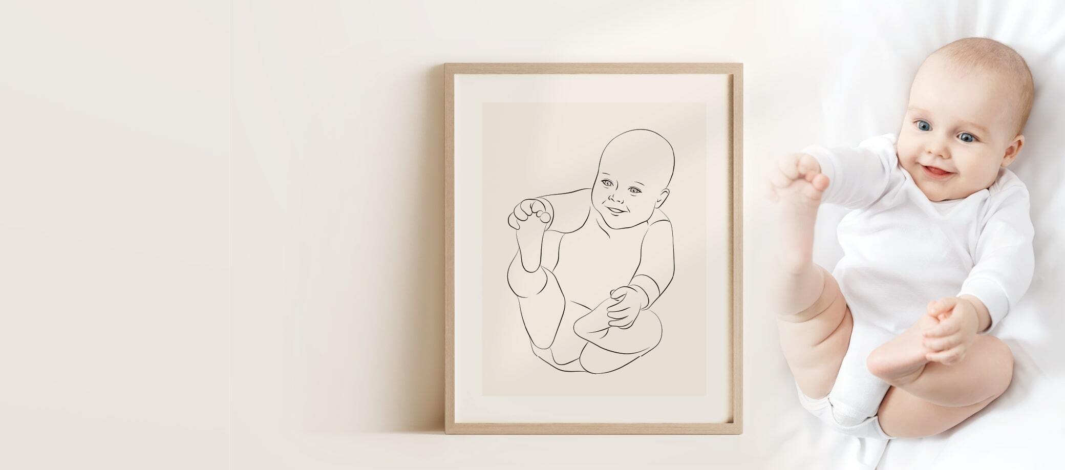 Une image Miroar Line Art d'un bébé souriant en cadeau de naissance dans un cadre en chêne