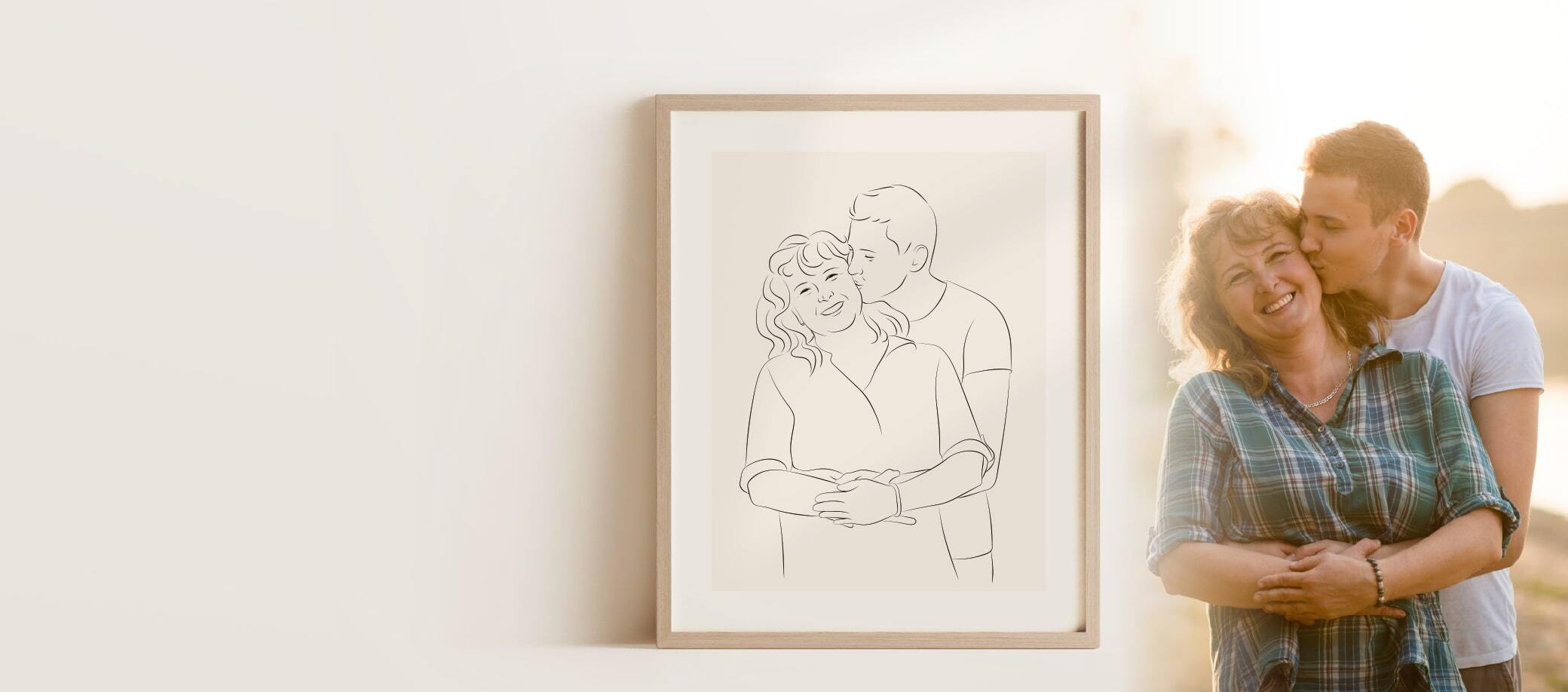 Un dessin en Line Art d'une mère avec son fils comme idée cadeau pour un anniversaire