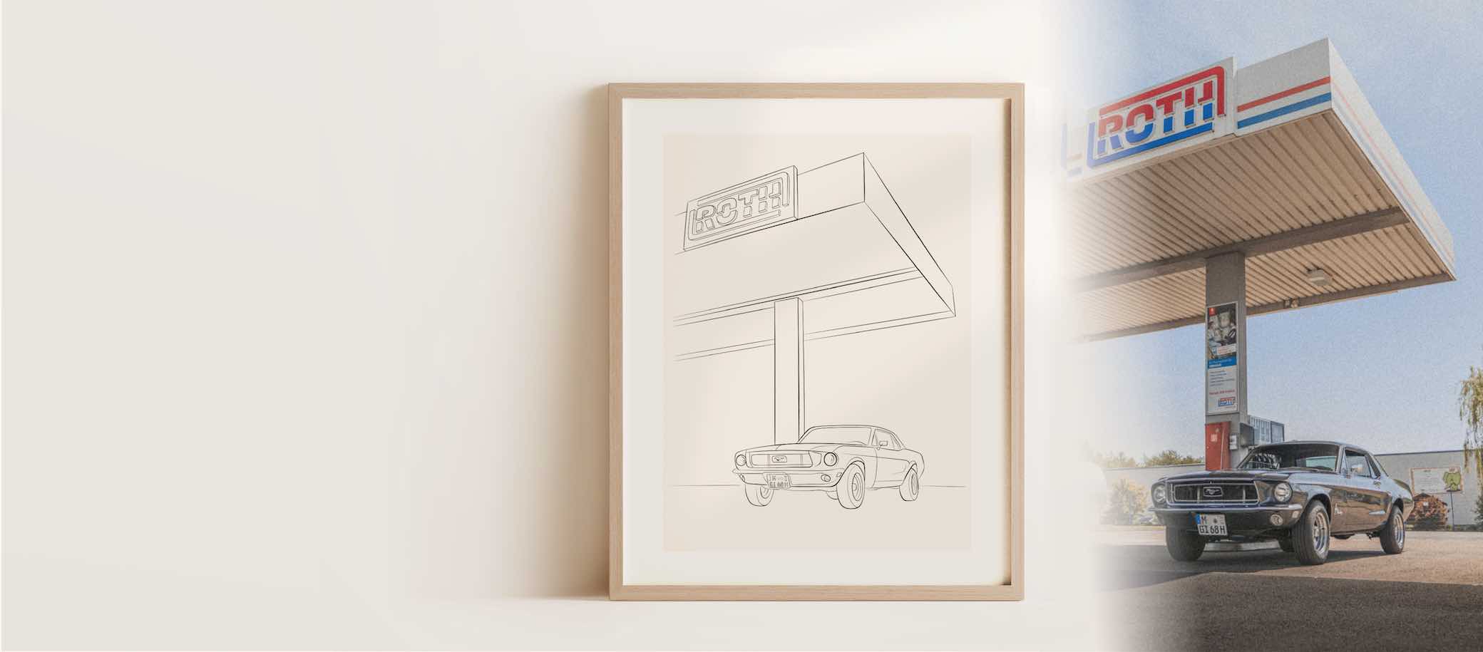 Dessin en Line Art d'une ancienne Ford Mustang à une station-service à côté de la photo originale.
