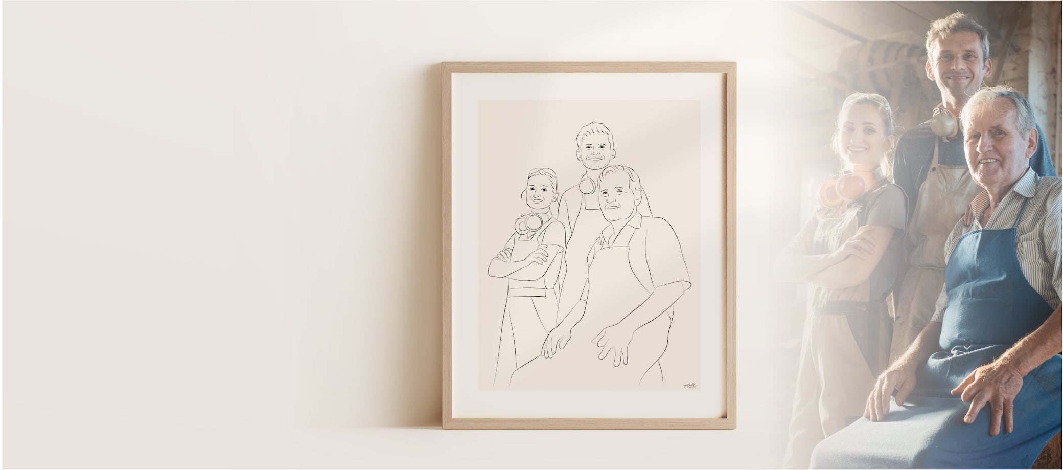 Dessin en Line Art d'une équipe de menuiserie avec des collègues jeunes et vieux