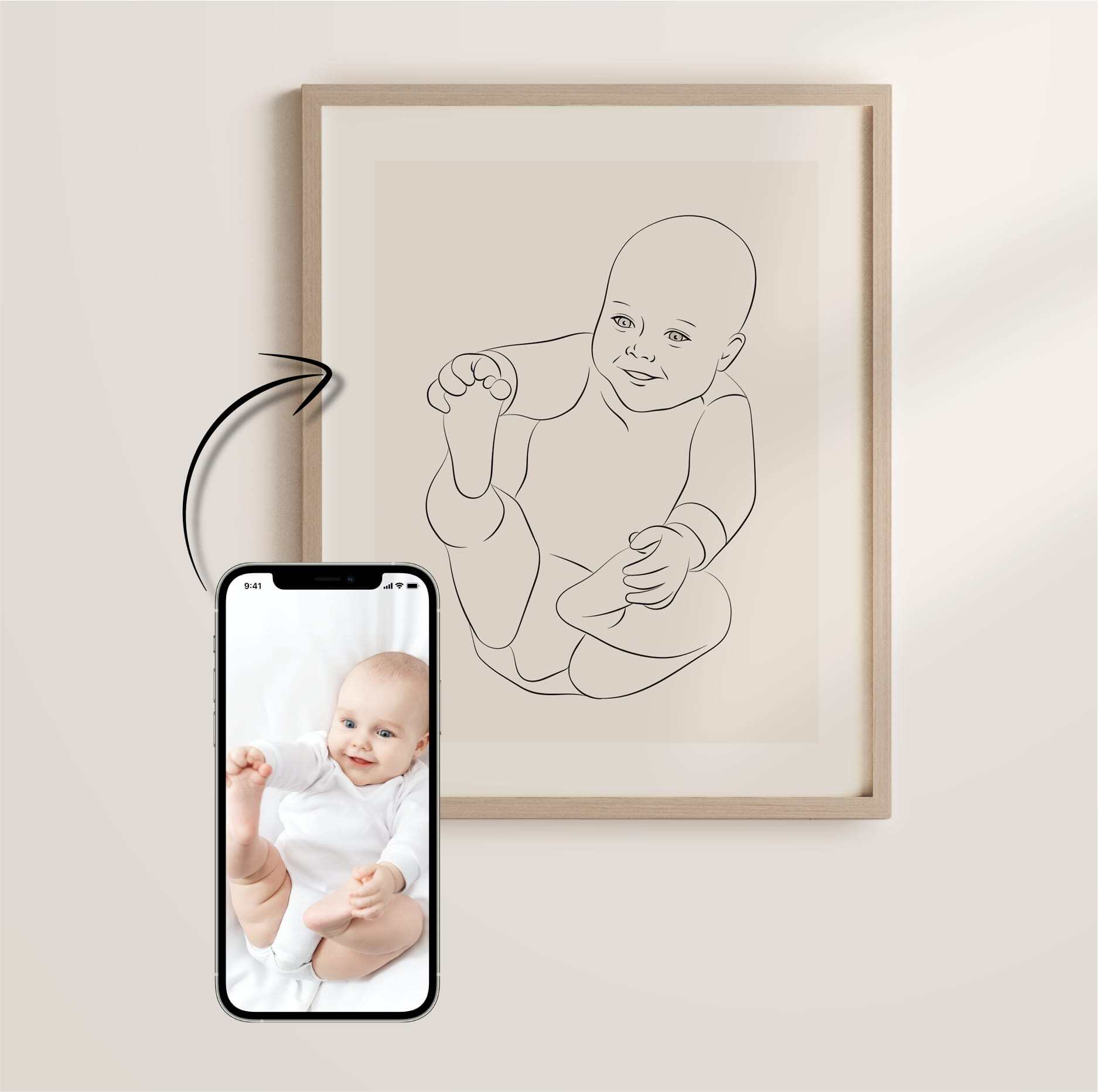 Un dessin en Line Art d'un bébé souriant