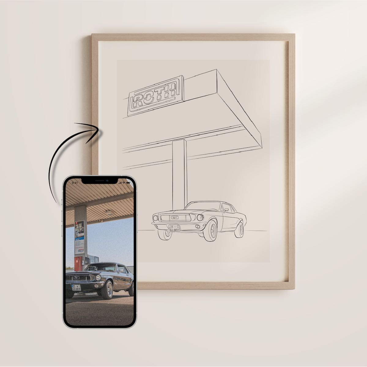Cadeau pour les amateurs de voitures : dessin en Line Art d'une ancienne Ford Mustang