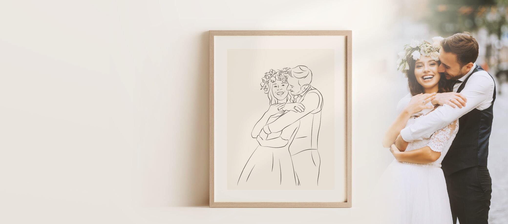 Couple de mariés illustré en Line Art, encadré dans un cadre en chêne clair
