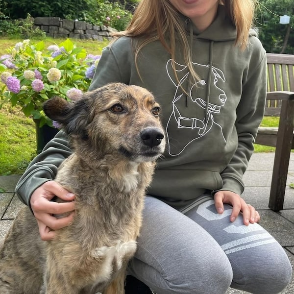 Sweat à capuche brodé kaki avec un vrai chien à côté du sweat, post de @miroar_de
