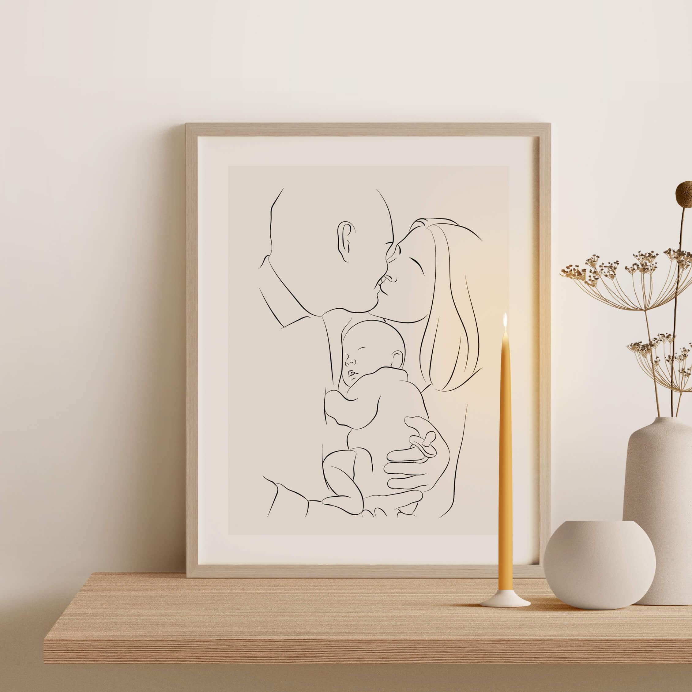 Une illustration en Line Art d'un couple tenant un bébé endormi