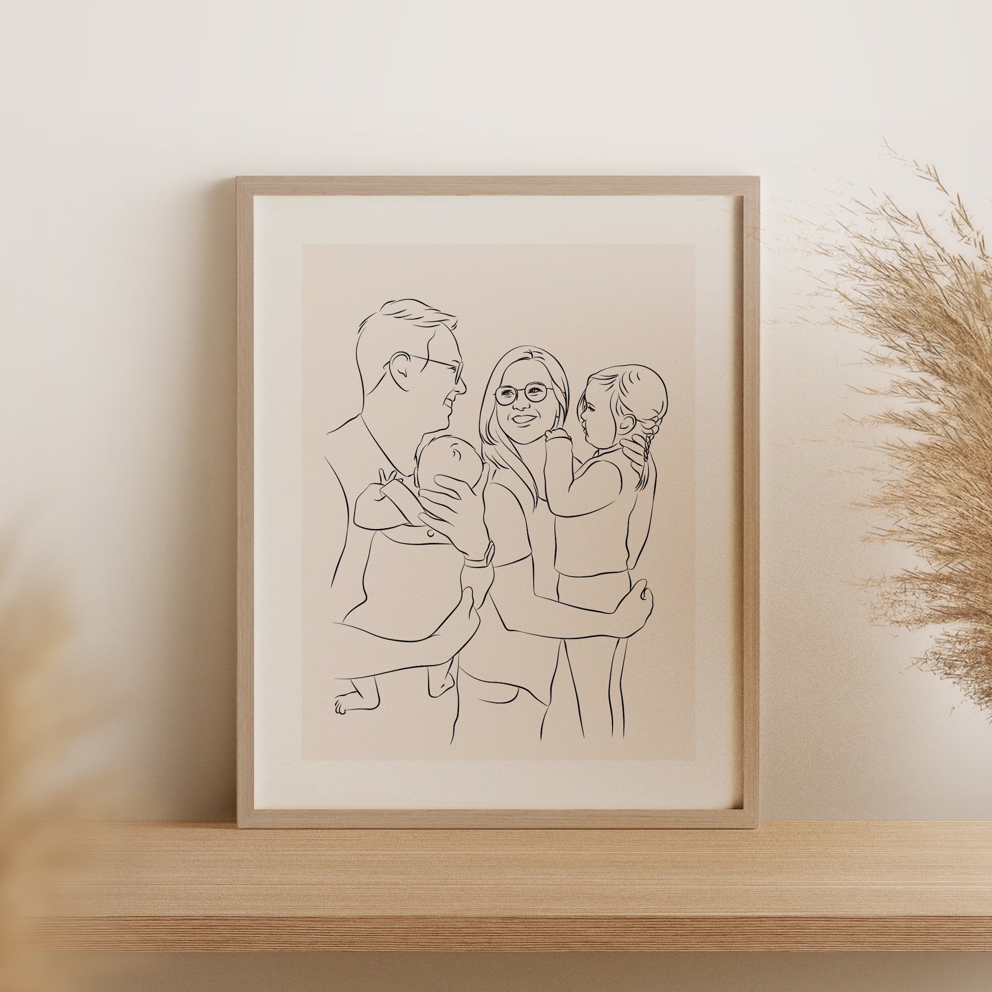Jeune famille avec 2 enfants dessinée en Line Art