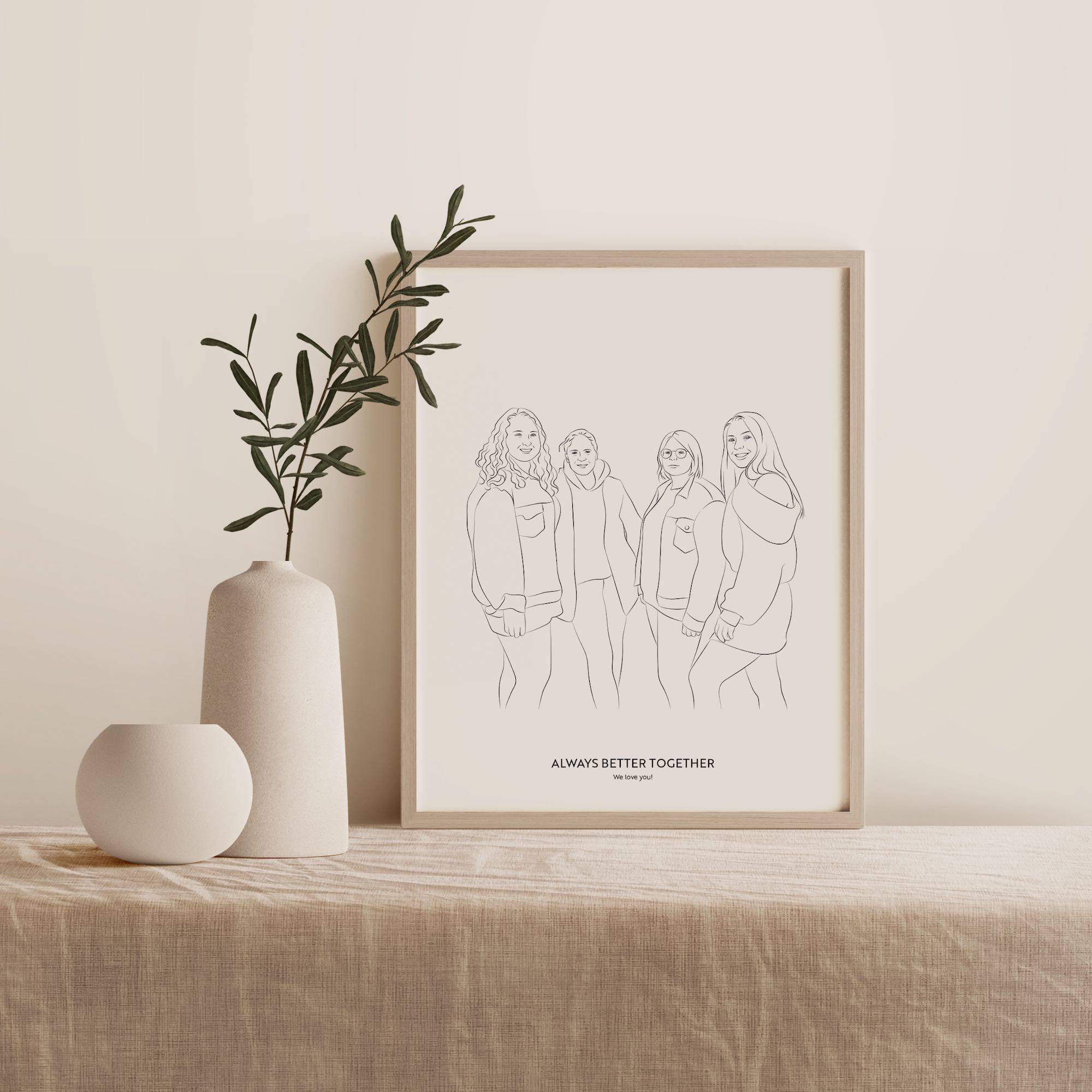Illustration en Line Art d'un groupe de quatre amies