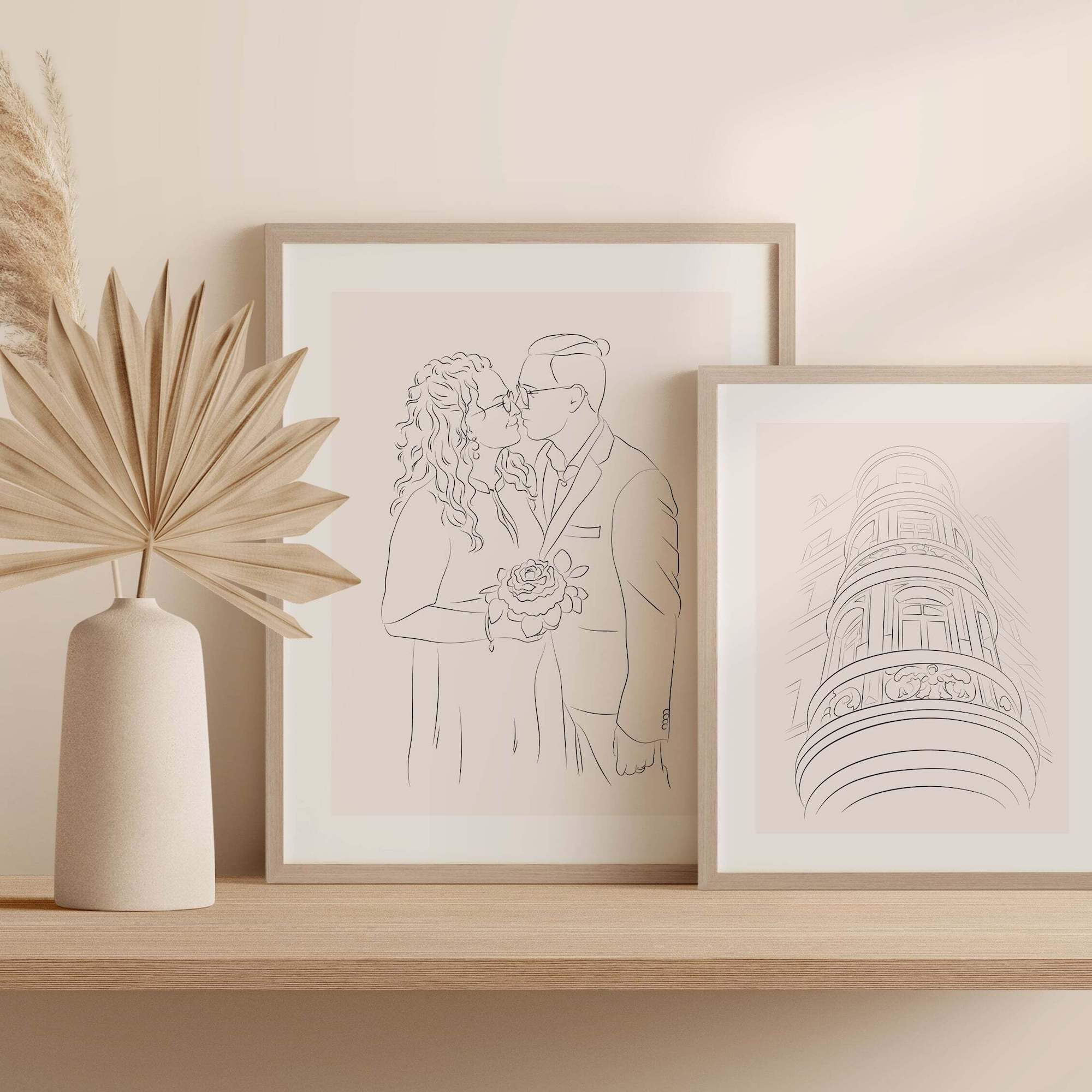 Dessin de la façade d'une maison en Line Art à côté d'une illustration de couple