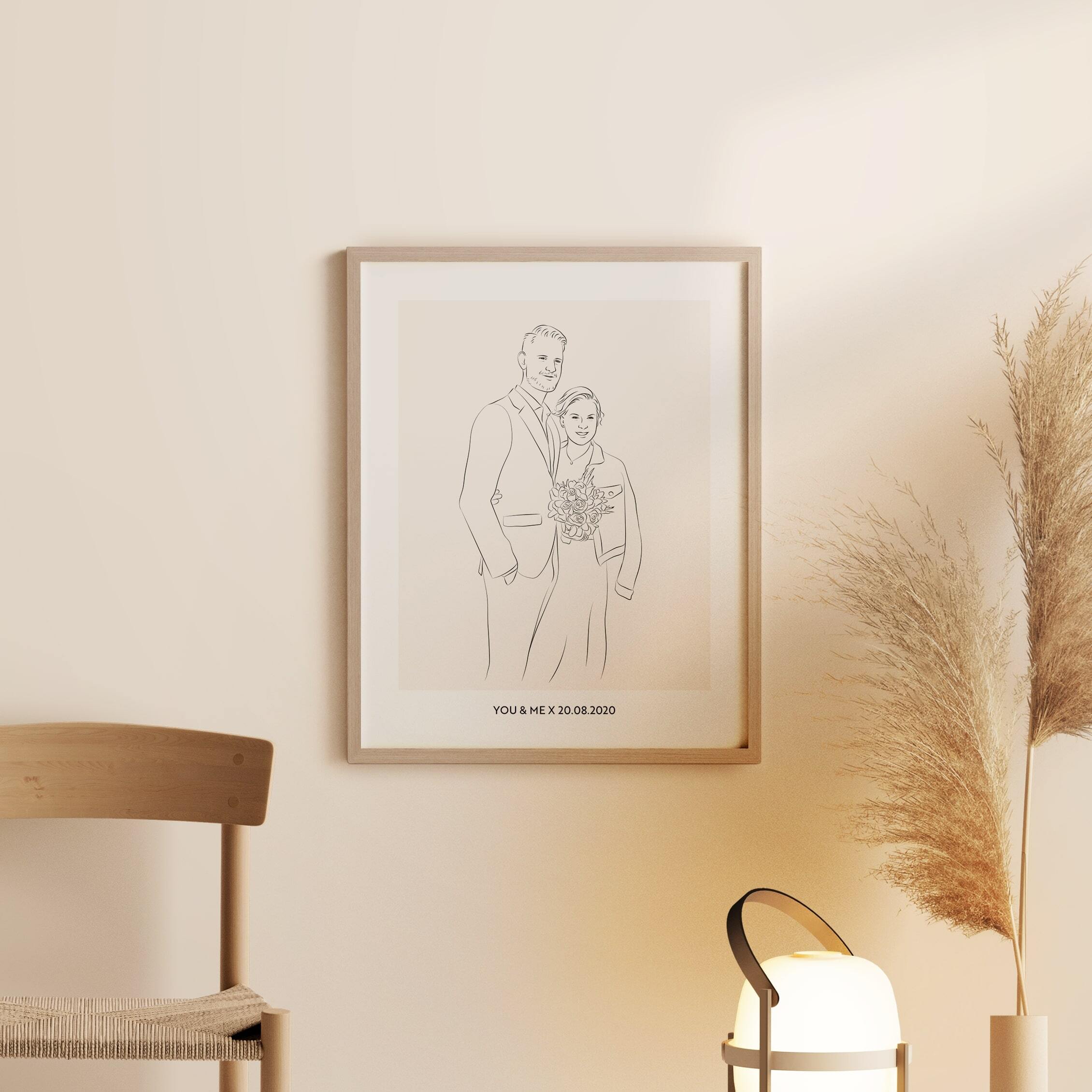 Illustration en Line Art d'un couple de mariés avec un bouquet et la date de mariage en sous-titre