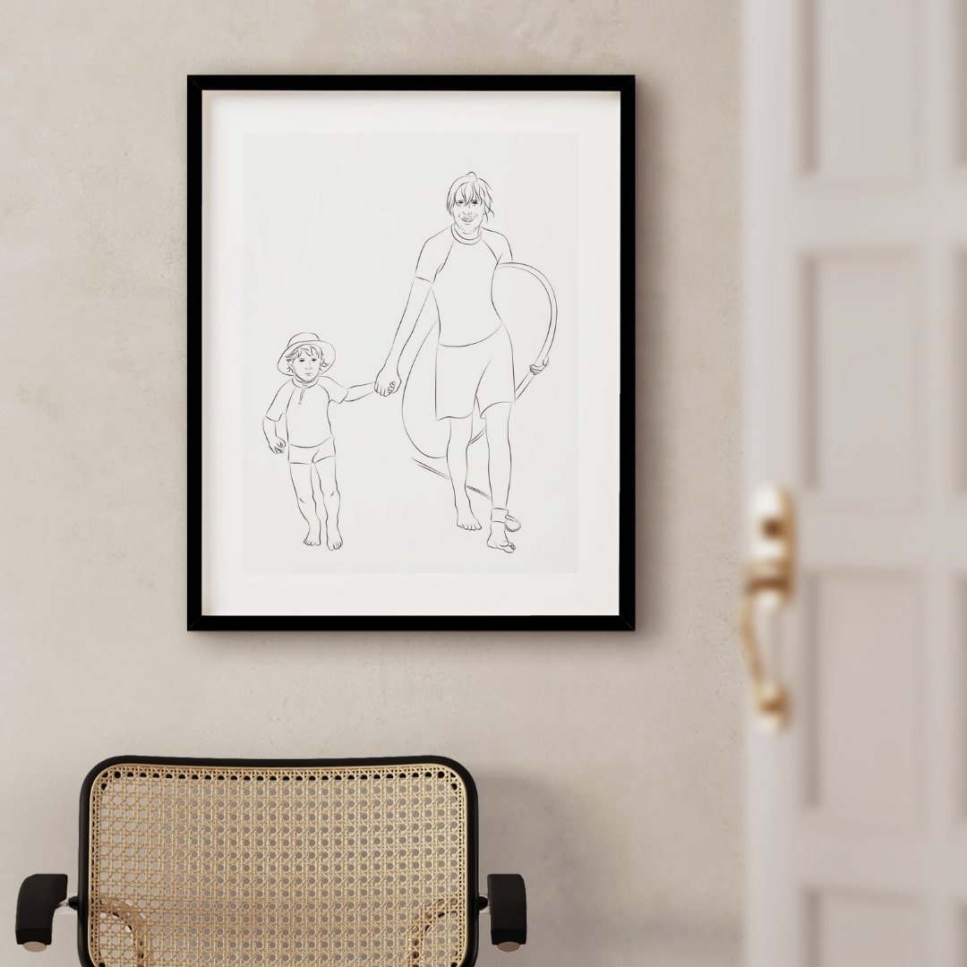 Un fils et son père surfant, illustré en Line Art