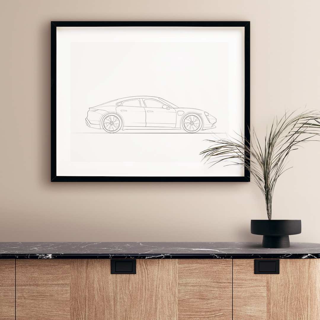 Dessin en Line Art d'une vue latérale d'une Porsche Taycan